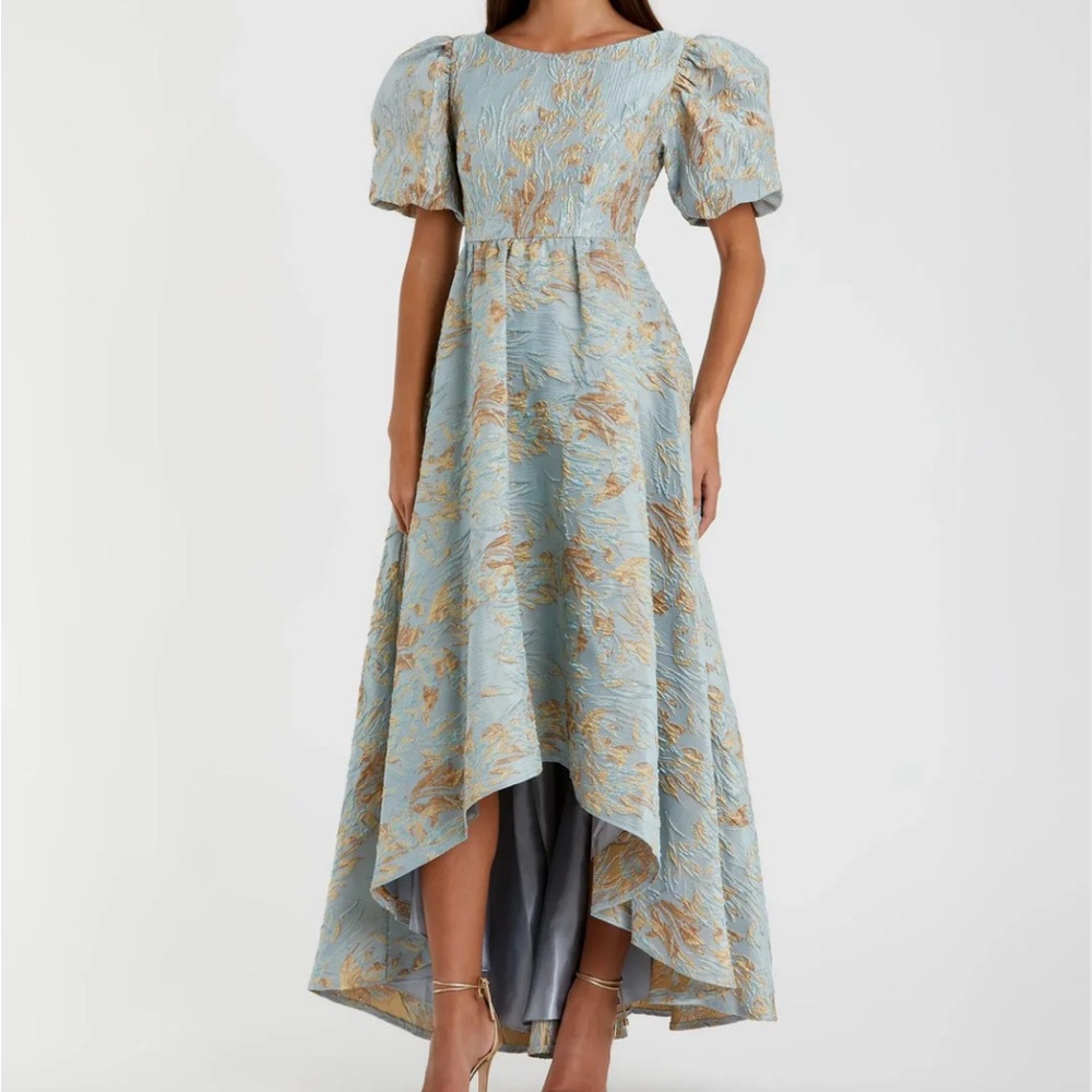 Mac Duggal Blue Brocade Puff Sleeve High Low Gown